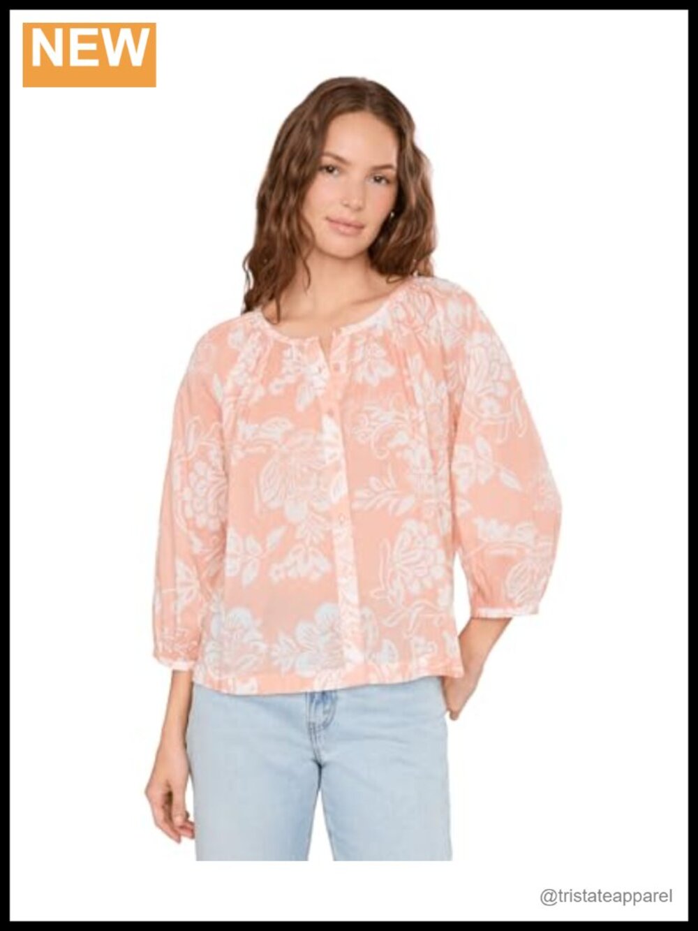 Floral Peasant Blouse 3/4 Sleeve 100% Cotton Bohemian Top